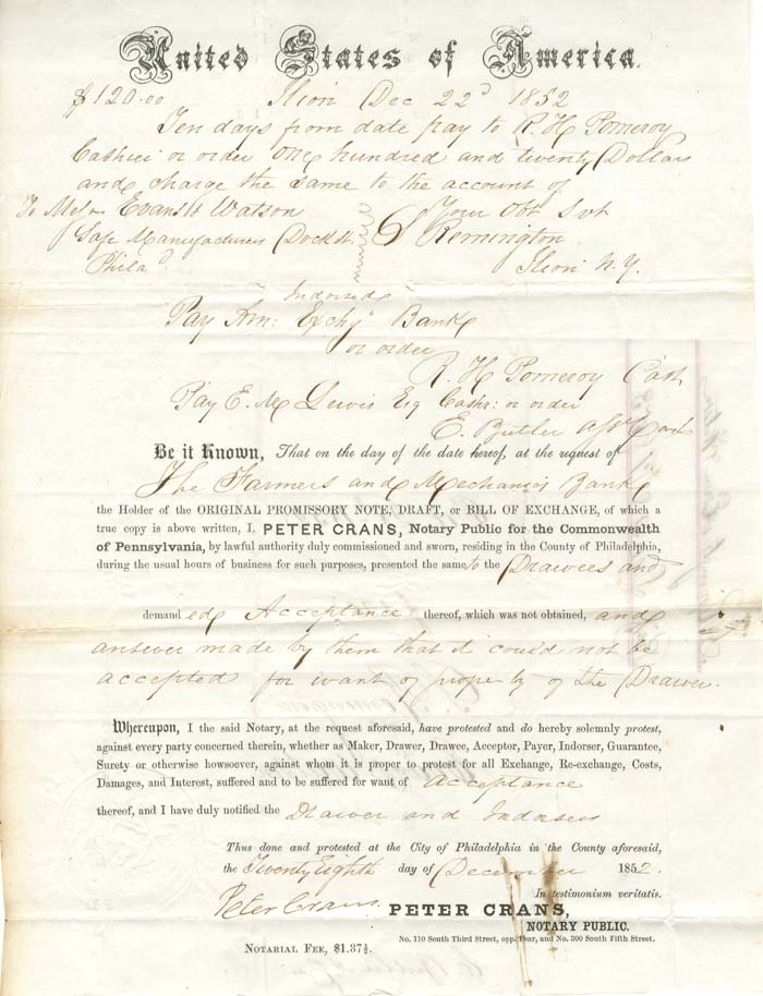 Promissory Note Autographed by Samuel Remington